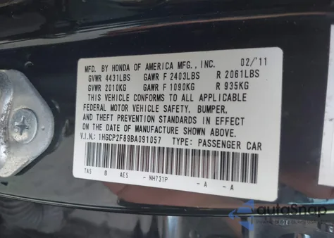 2011 Honda Accord 2.4 Ex-L z USA, uszkodzony, nr VIN 1HGCP2F89BA091057